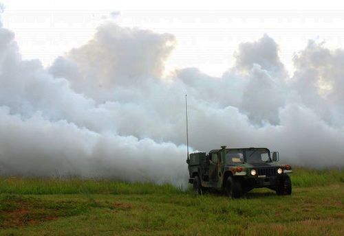 Hexachloroethane used to create smoke screen behind Humvee. 